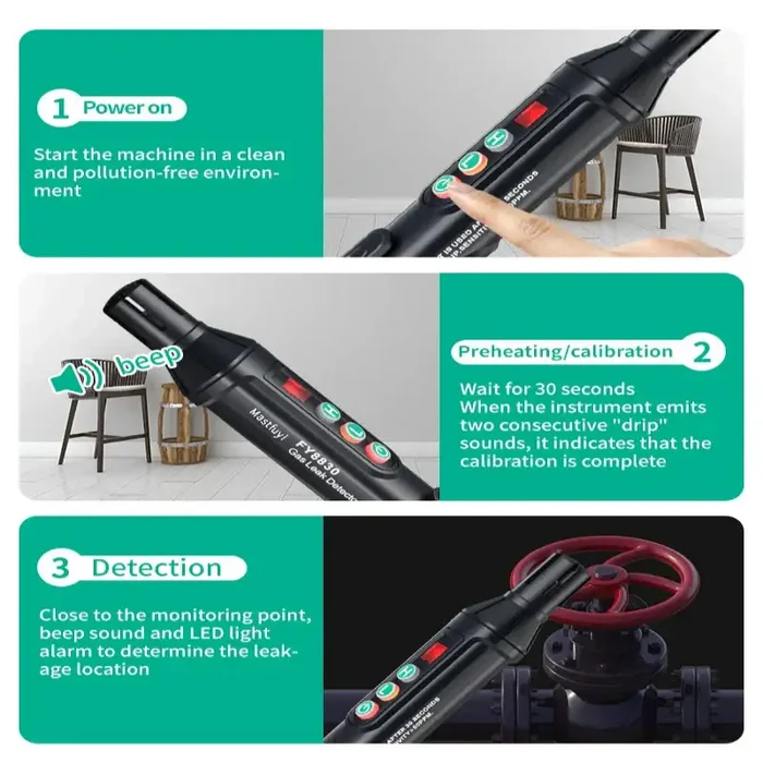 Habicare HBC portable gas leak detector with audible alarm and visual indicator, designed for safety and leak detection.