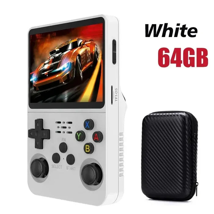 Habicare 9eight5 portable handheld gaming console in various colors with different storage options, showing a sleek design and colorful buttons.