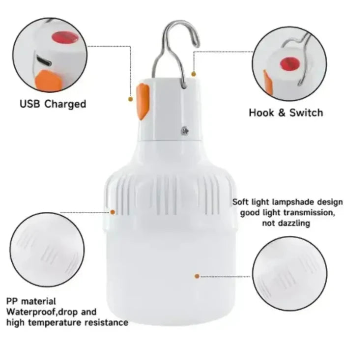 Portable rechargeable LED bulb by Habicare, ideal for hiking and outdoor use, compact and versatile for outdoor lighting.