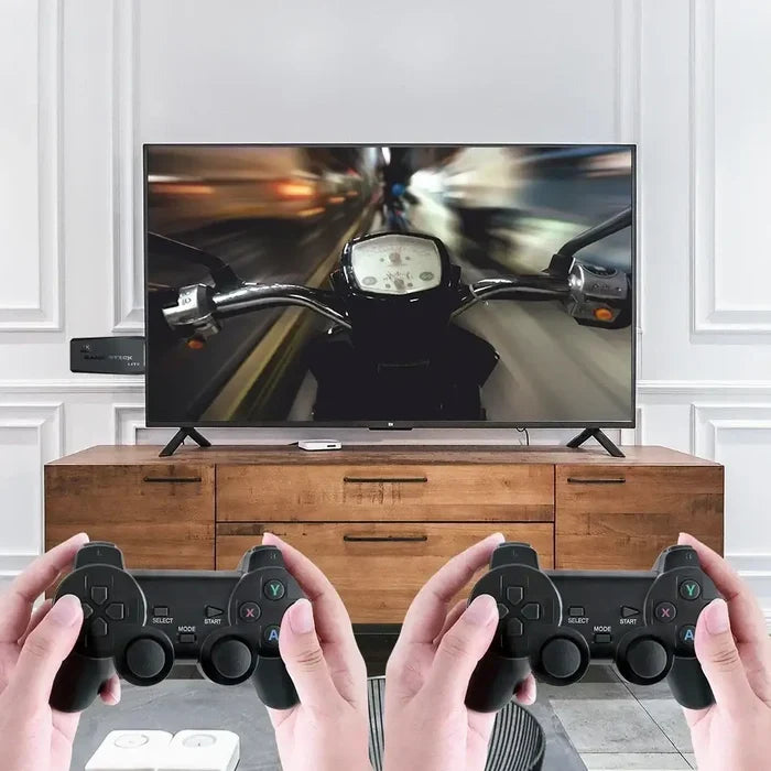 Habicare 9eight5 portable retro console with 64GB or 32GB storage, featuring classic gaming buttons and vintage design.