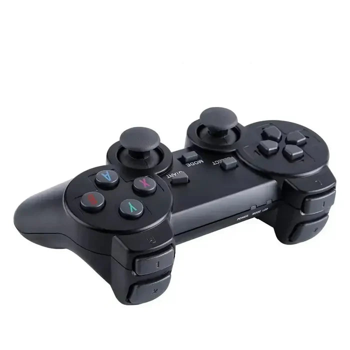 Habicare 9eight5 portable retro console with 64GB and 32GB storage, featuring classic game controls and colorful screen display.
