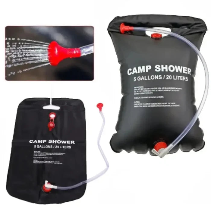 Habicare portable shower bag for camping and hiking, with stainless steel design, compact and convenient for outdoor water use.