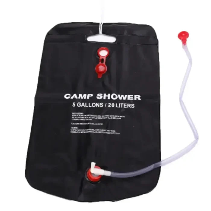 Habicare portable shower bag for camping and hiking, compact SS design with shower nozzle and handle for outdoor use.