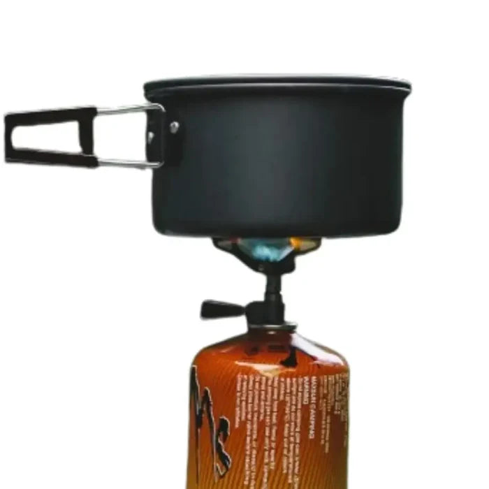 Habicare portable ultralight titanium gas stove with SS design, ideal for hiking and picnics, showing the compact burner and cooking surface.