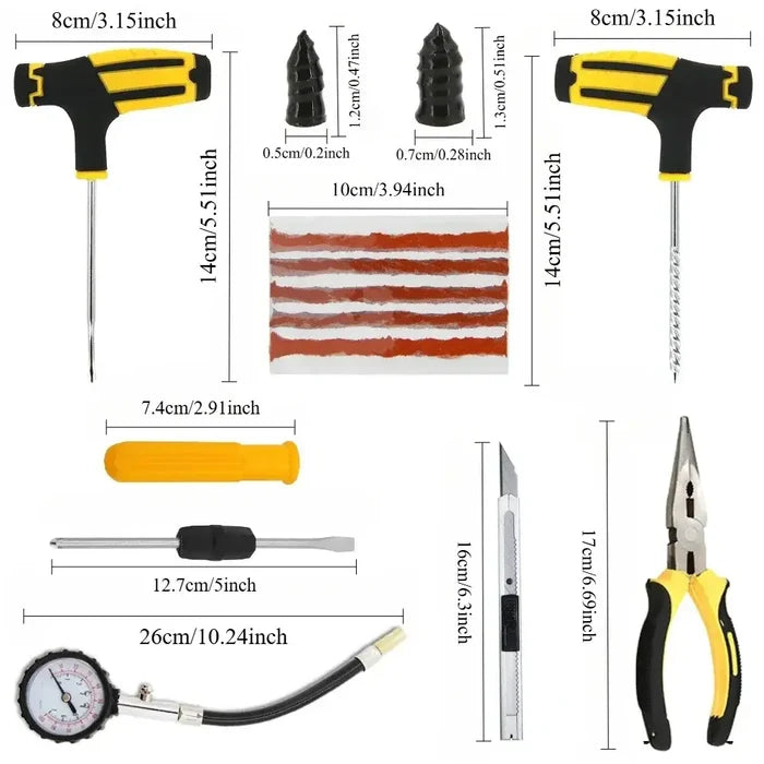 Habicare HBC portable universal tyre emergency repair kit with four different repair tools and accessories for quick roadside fixes.