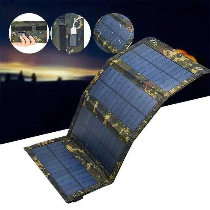 Foldable USB solar panel by Habicare, portable and compact for travel, designed to charge devices with foldable solar power technology.