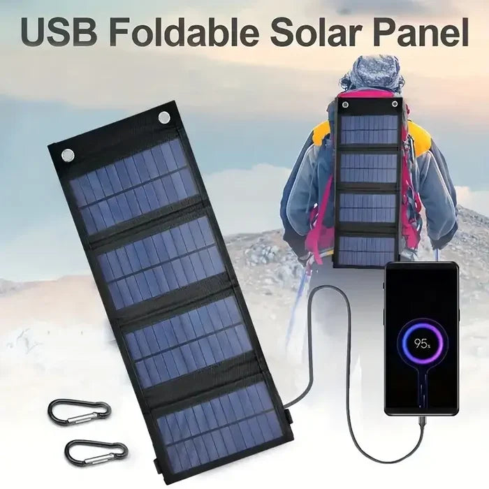 Foldable portable USB solar panel by Habicare, compact and lightweight for travel, with foldable design and multiple charging ports.
