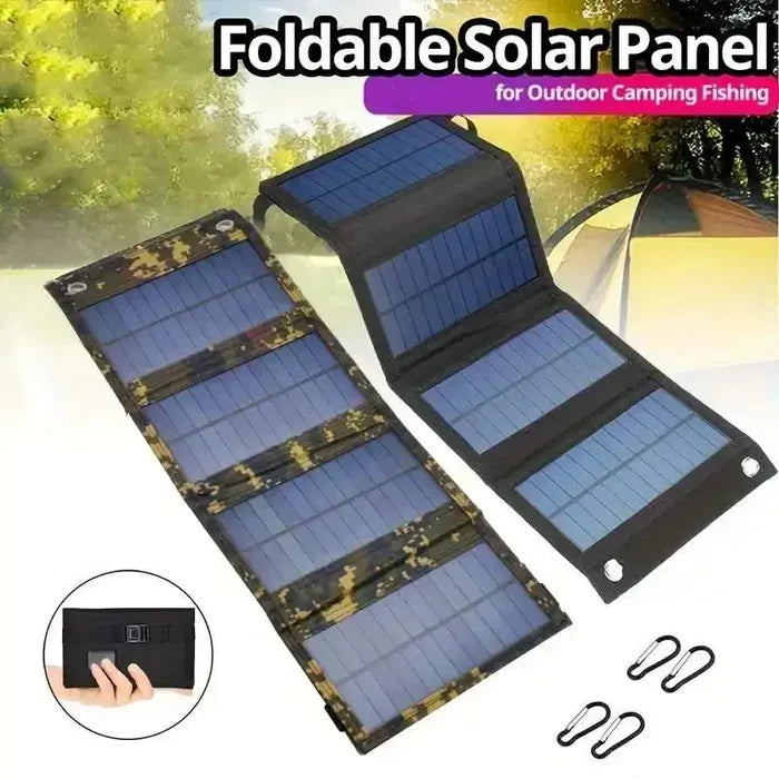 Portable Habicare USB foldable solar panel with compact design, ideal for travel and mobile device charging on the go.