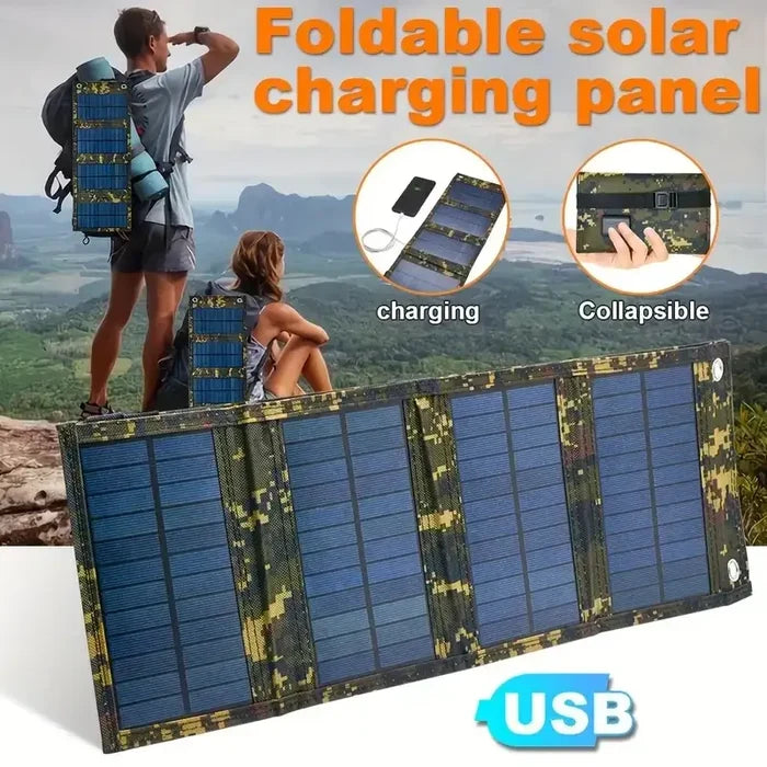 Portable Habicare USB foldable solar panel for travel, showing compact, foldable design with multiple solar cells for mobile charging.
