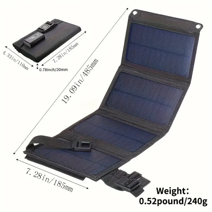 Foldable Habicare portable USB solar panel for travel, showing compact design and folding panels for mobile device charging.