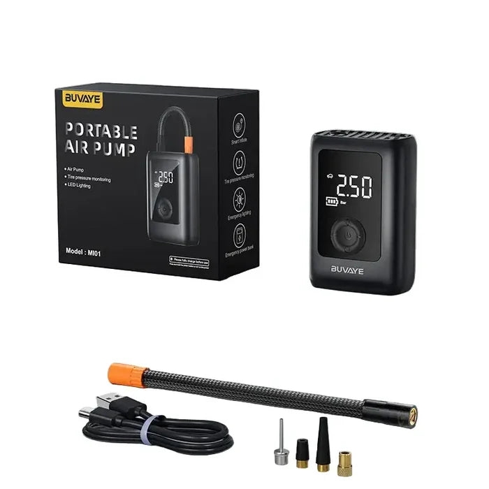 Portable HBC Habicare wireless air compressor for tyre inflation, compact device with digital display and inflating nozzle.
