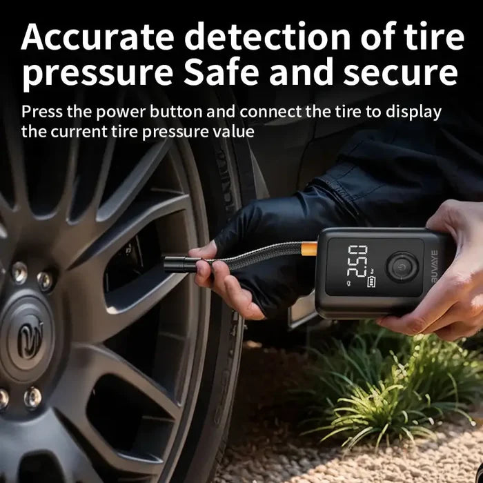 Habicare HBC portable wireless air compressor for tyre inflation, compact device with digital display and air hose attachment.