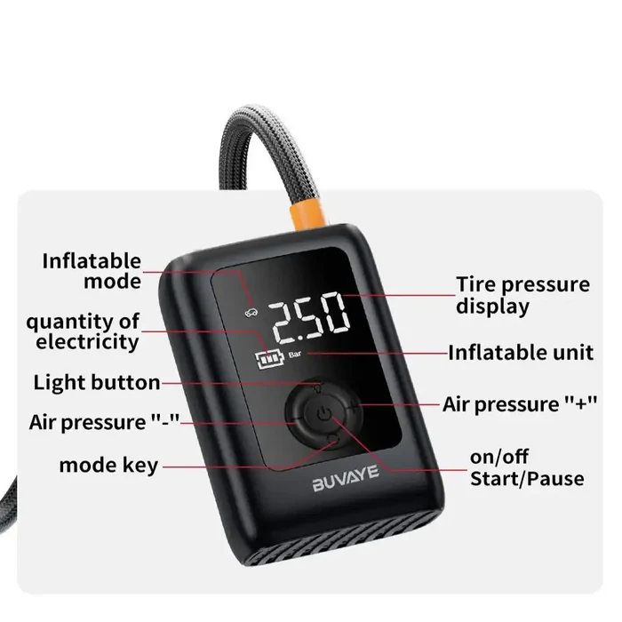 Habicare HBC portable wireless air compressor for tyre inflation, compact device with digital display and air hose for easy use