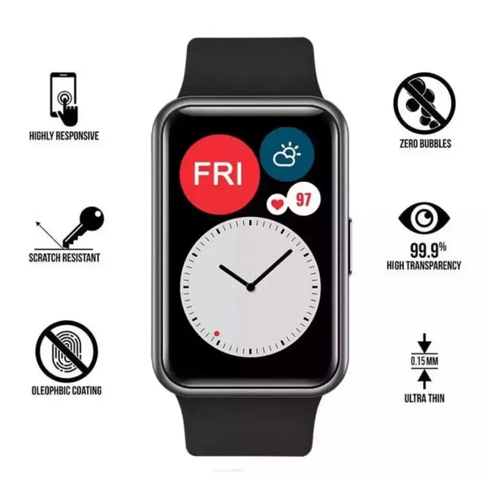 Set of five Habicare Huawei Watch Fit screen protectors, designed for durable protection and clear visibility of smartwatch screens.