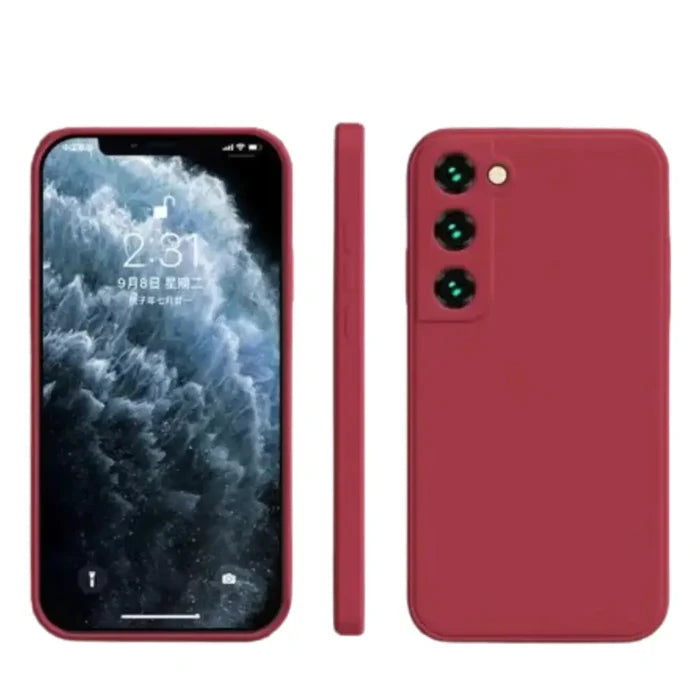 Habicare 9eight5 silicone case for Samsung Galaxy A and S series in Camellia Red, soft textured protective phone cover.