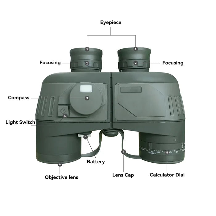 Habicare professional 10x50 waterproof binoculars with built-in rangefinder and compass, ideal for outdoor and wildlife observation.