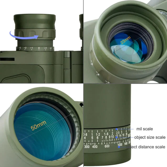 Habicare professional waterproof binoculars with 10x50 magnification, built-in rangefinder and compass for outdoor use.