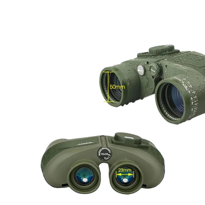 Habicare professional 10x50 waterproof binoculars with built-in rangefinder and compass, ideal for outdoor and birdwatching activities.