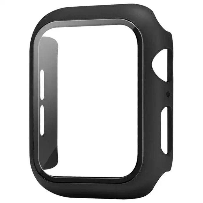 Black Habicare protective case for Apple Watch Series 3 38mm, made of durable material, shown fitted on the watch.