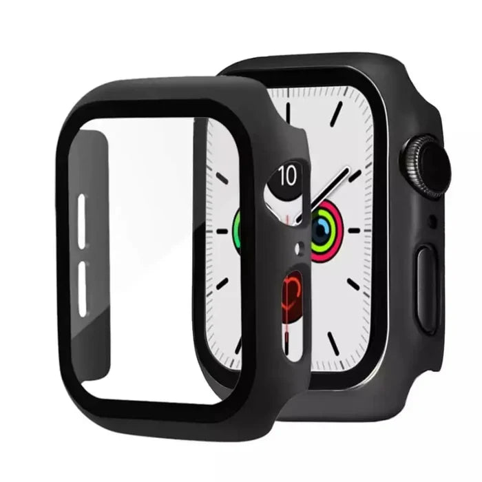 Black Habicare protective case for Apple Watch Series 3 38mm, showing the snug fit and durable design on the watch.