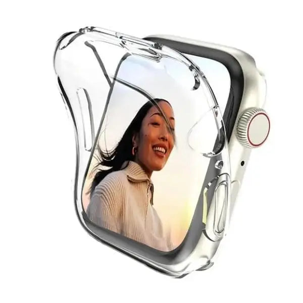 Clear protective case for Apple Watch Series 5 40mm by Habicare, showcasing the slim, transparent design on the watch.