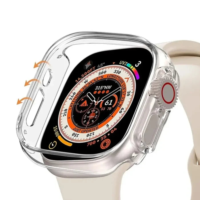 Habicare protective case for Apple Watch Ultra 2 49mm, showing a durable, clear watch case with precise cutouts for buttons and display.