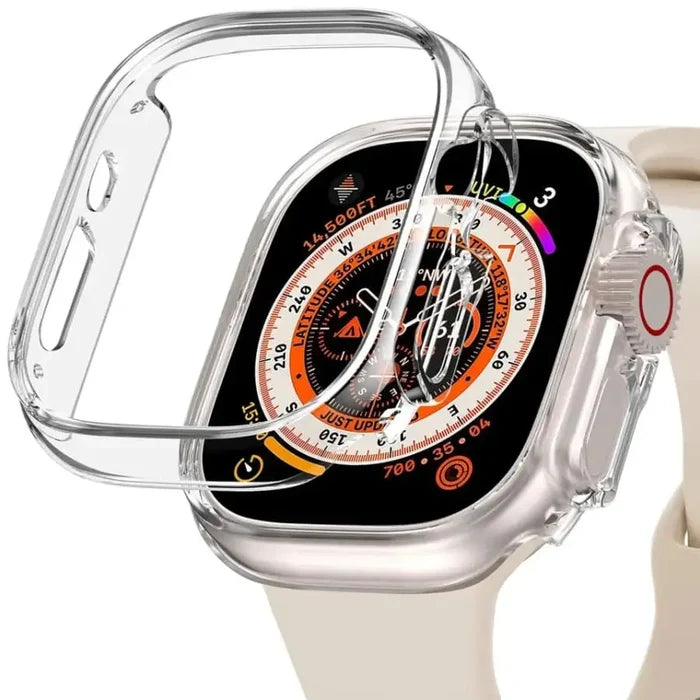 Clear Habicare protective case for Apple Watch Ultra, showing the sleek, durable design fitting snugly around the watch.
