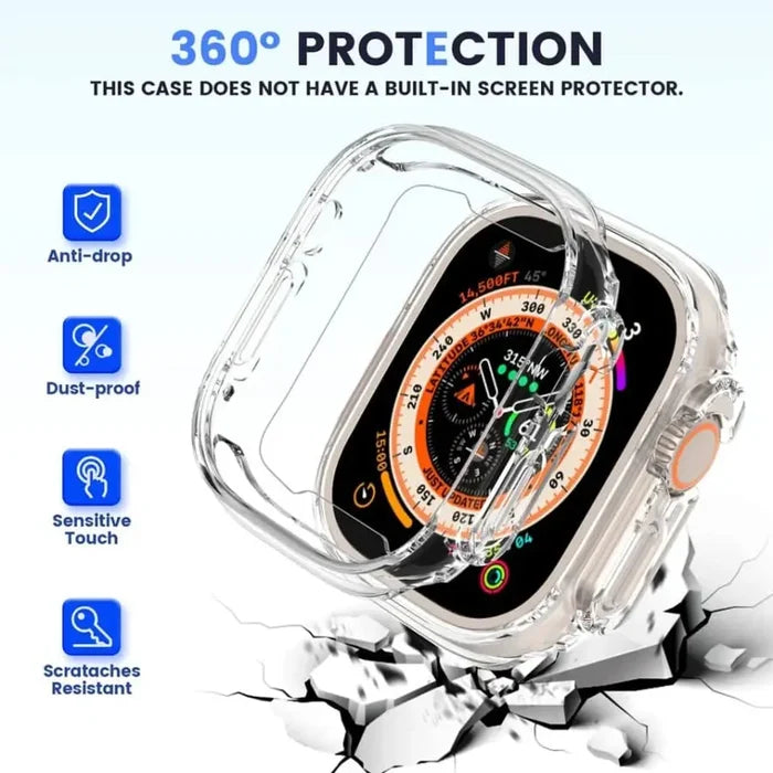 Habicare Apple Watch Ultra protective case with durable design and clear cover, fitted around the watch for full protection.
