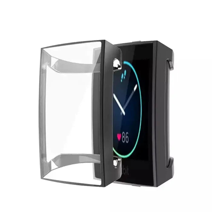 Black Habicare protective case for Fitbit Charge 3 and 4, showing a close-up of the durable watch cover.