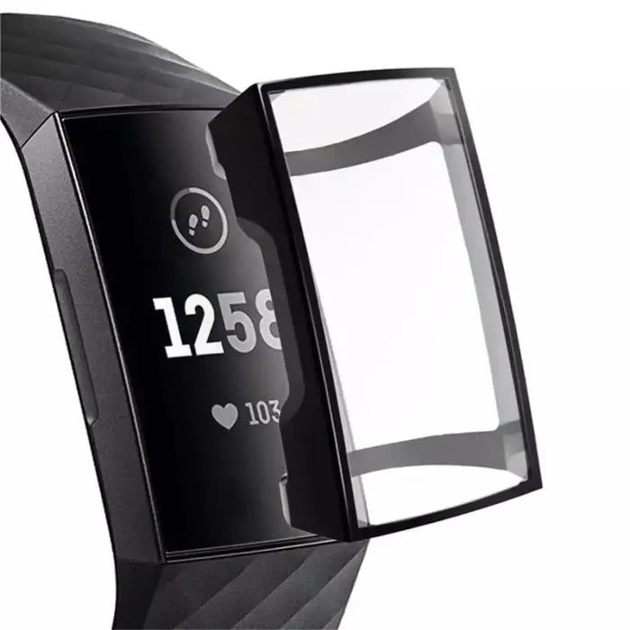 Black Habicare protective watch case for Fitbit Charge 3 and 4, providing durable coverage and screen protection.