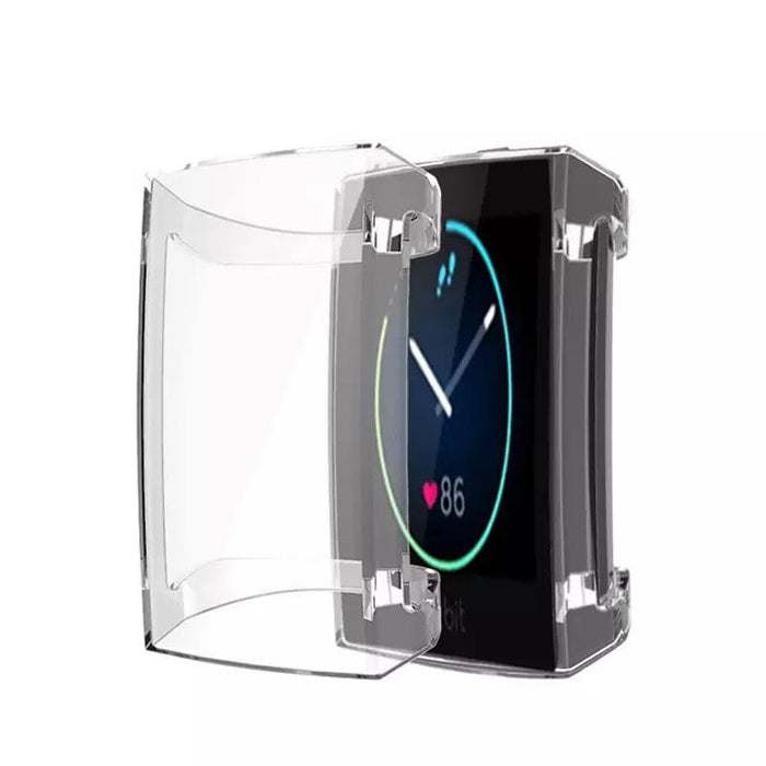 Clear protective watch case for Fitbit Charge 3 and 4, made by That Watch Shop, shown on a smartwatch in the image.