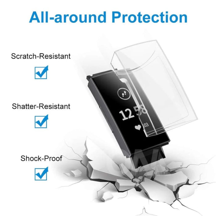 Clear protective case for Fitbit Charge 3 and 4, transparent watch cover by That Watch Shop, shown on the device.
