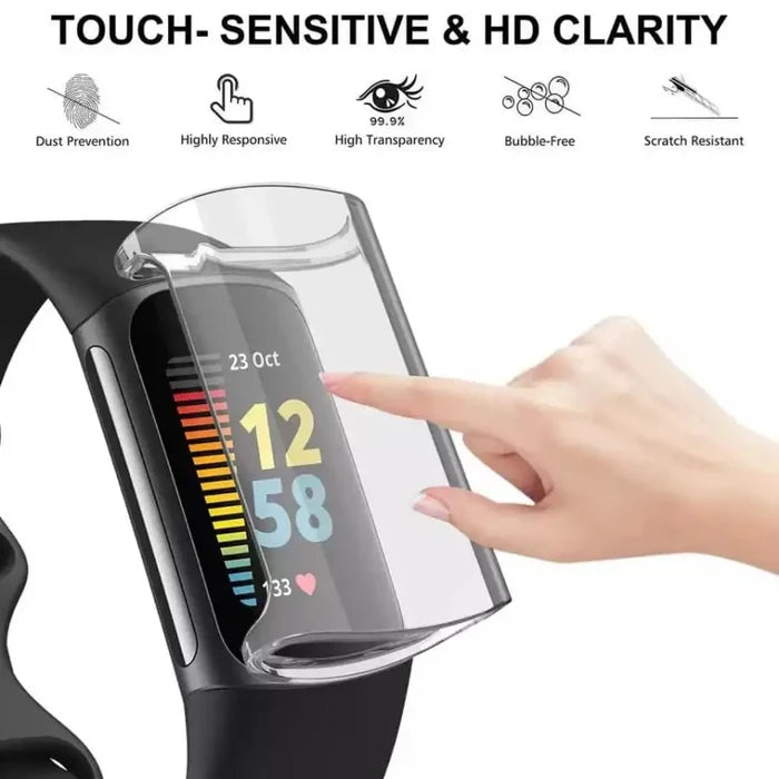 Black Habicare protective case for Fitbit Charge 5 watch, showcasing durable cover with precise cutouts on the device.