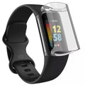 Clear protective case for Fitbit Charge 5 smartwatch, designed by That Watch Shop, showing the black case on the device.