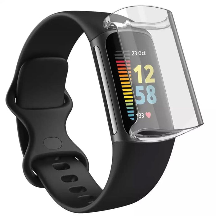 Clear protective case for Fitbit Charge 5 smartwatch, designed by That Watch Shop, showing the black case on the device.