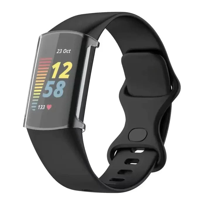 Clear Habicare protective case for Fitbit Charge 6 wristwatch, offering durable coverage and a transparent design.
