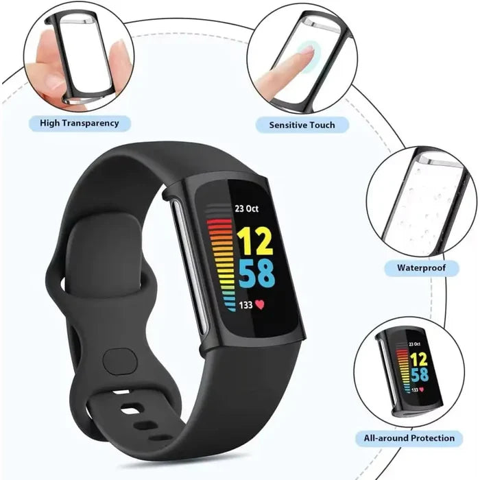 Clear Habicare protective case for Fitbit Charge 6, snugly fitting watch case with transparent design for added protection.