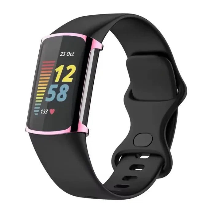 Pink Habicare protective watch case for Fitbit Charge 6, showcasing the slim, durable cover fitting the device securely.