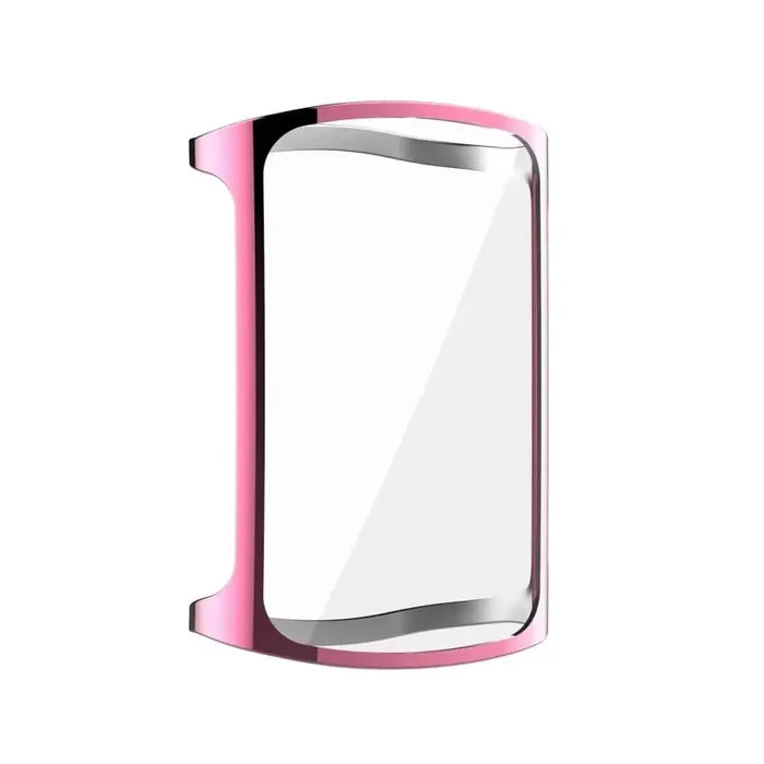 Pink Habicare protective case for Fitbit Charge 6 watch, showing a snug fit with transparent coverage and precise button cutouts.