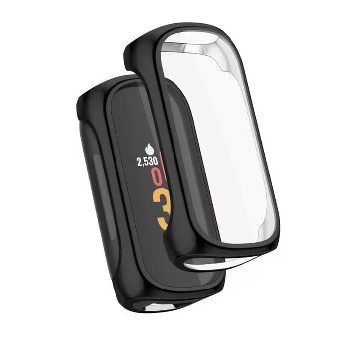 Black Fitbit Inspire 2 protective watch case by That Watch Shop, showing a snug fit around the fitness tracker.