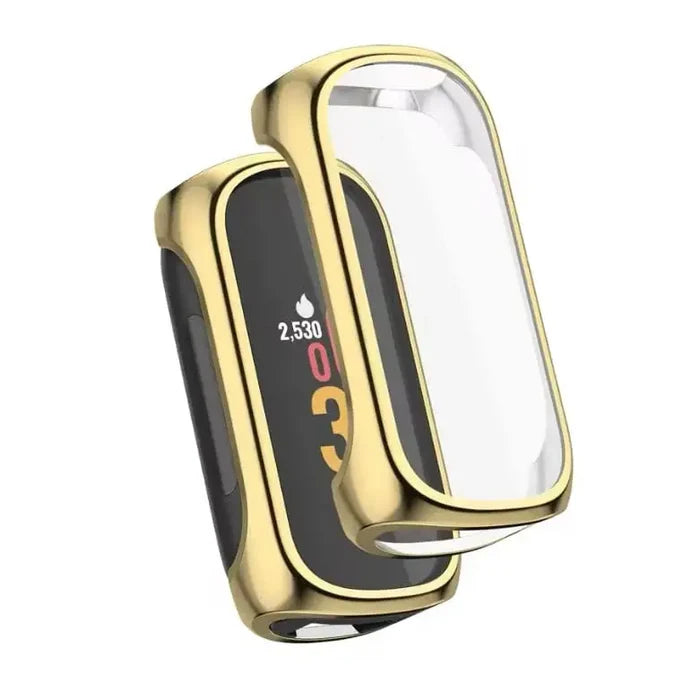 Gold protective watch case for Fitbit Inspire 2 by Habicare, showcasing the sleek, durable design around the device.