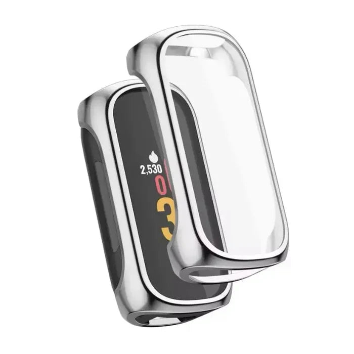 Silver Habicare protective case for Fitbit Inspire 2 watch, showing the durable cover fitted around the device.