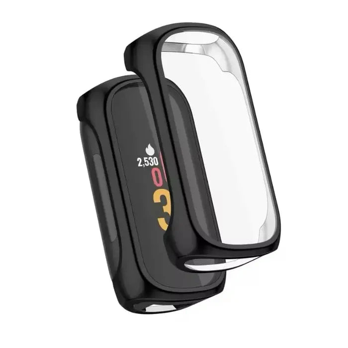 Black Habicare protective watch case for Fitbit Inspire 3, showcasing the durable, snug-fitting cover on the device.