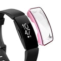Pink Habicare protective case for Fitbit Inspire HR watch, showing the snug-fit cover on the device.