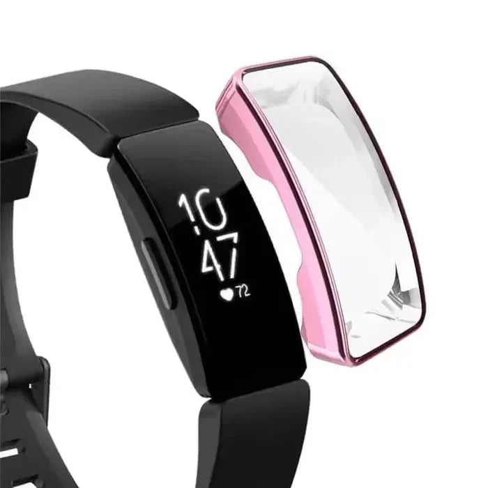 Pink Habicare protective case for Fitbit Inspire HR watch, showing the snug-fit cover on the device.