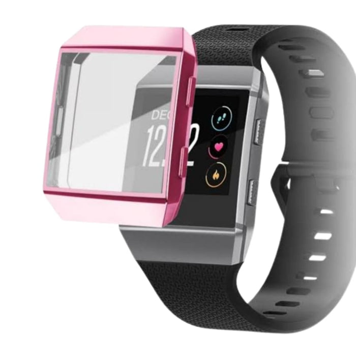 Pink protective watch case for Fitbit Ionic, made by That Watch Shop, shown on a smartwatch with a clear, snug fit.