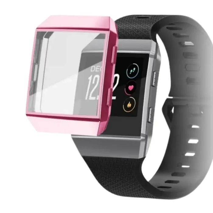 Pink Habicare protective case for Fitbit Ionic smartwatch, snug fit with durable cover and easy access to buttons and screen.