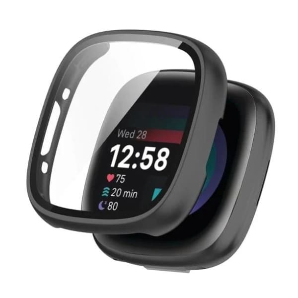 Black protective case for Fitbit Sense 2 watch, designed by That Watch Shop, covering the watch face and edges for protection.