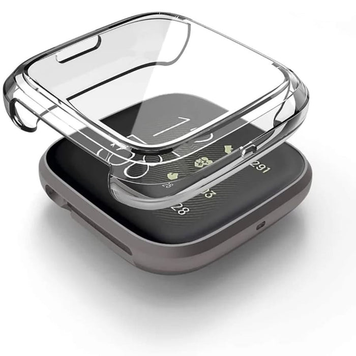 Clear protective case for Fitbit Sense 2 watch, made by That Watch Shop, showcasing a sleek, transparent design on the device.