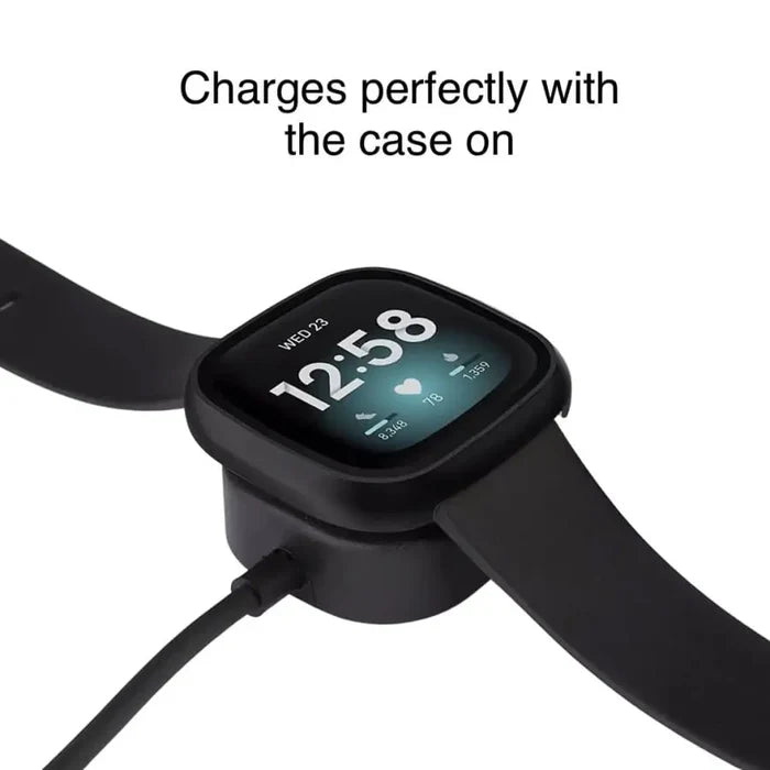 Black Habicare protective case for Fitbit Sense smartwatch, showing the durable and fitted watch case on the device.